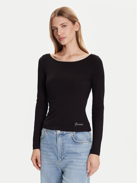 Guess Блуза W5BP46 KCYV2 Черен Slim Fit цвят на ниска цена