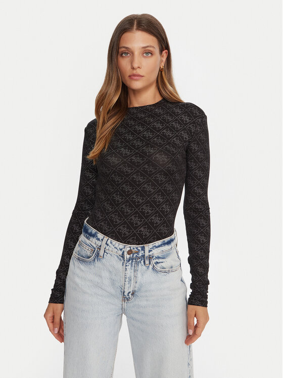 Guess Боди W5BP09 K68D2 Черен Slim Fit цвят на ниска цена