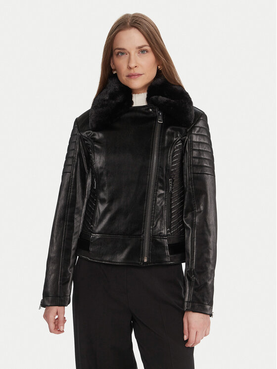 Guess Кожено тип рокерско яке W5BL35 W2820 Черен Regular Fit цвят на ниска цена