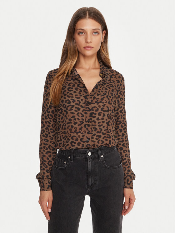 Guess Риза W5BH73 WGLA2 Кафяв Regular Fit цвят на ниска цена