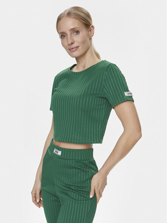 Guess Тишърт Anneka Crop Tee V4RI02 KC2U2 Зелен Cropped Fit цвят на ниска цена