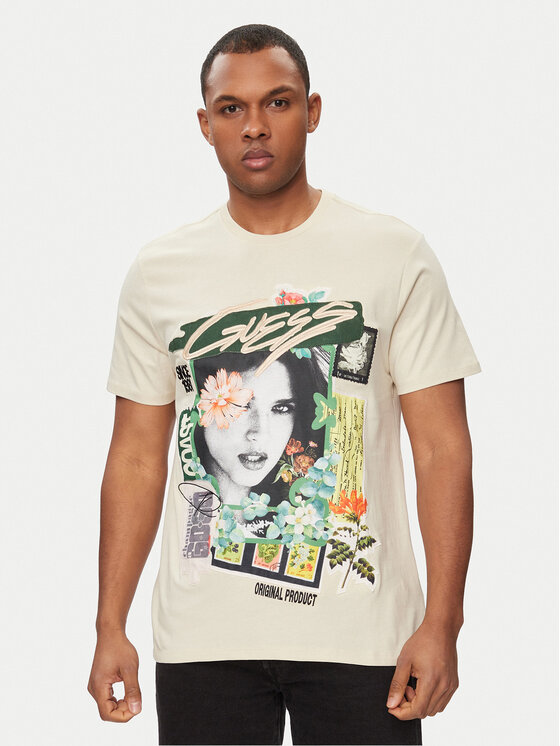 Guess Тишърт M4GI49 KBW41 Бежов Slim Fit цвят на ниска цена