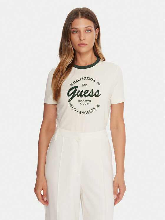 Guess Тишърт V5BI03 J1314 Бежов Slim Fit цвят на ниска цена