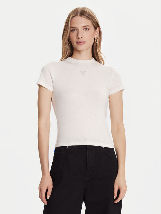 Guess Тишърт W5BP07 KCGM2 Екрю Slim Fit цвят на ниска цена