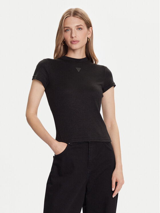 Guess Тишърт W5BP07 KCGM2 Черен Slim Fit цвят на ниска цена