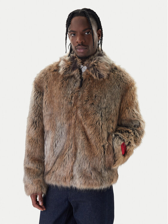 HUGO Кожено палто Bryan2541 50546592 Кафяв Relaxed Fit цвят на ниска цена