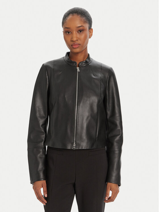 HUGO Кожено яке Lasari 50541262 Черен Regular Fit цвят на ниска цена