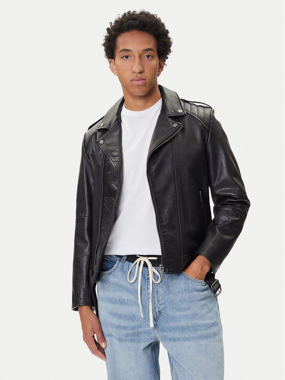 HUGO Кожено яке Lowis-6 50542108 Черен Regular Fit цвят на ниска цена