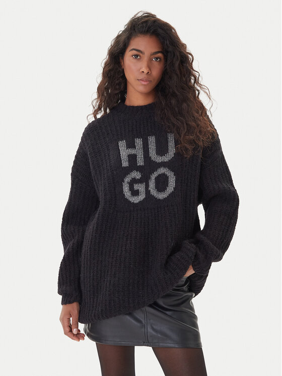 HUGO Пуловер Sloguis 50548245 Черен Oversize цвят на ниска цена