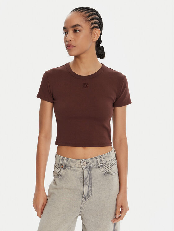 HUGO Тишърт Delanor  50512000 Кафяв Slim Fit цвят на ниска цена