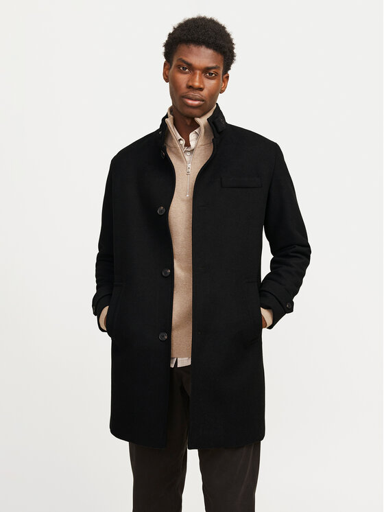 Jack & Jones Вълнено палто Melton 12258672 Черен Regular Fit цвят на ниска цена