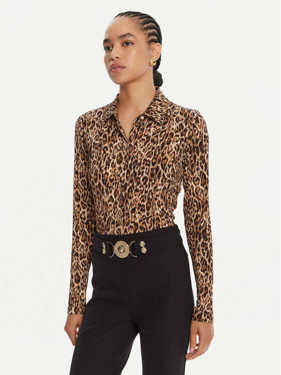 Just Cavalli Риза 79PAL228 JS496 Кафяв Slim Fit цвят на ниска цена