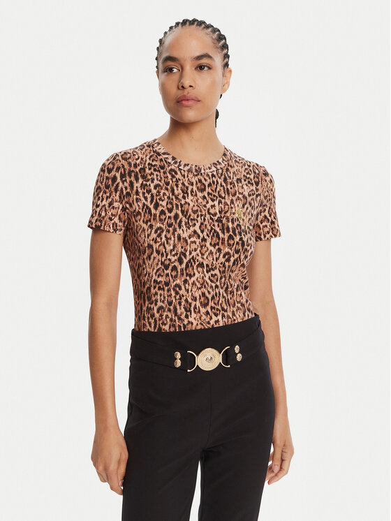 Just Cavalli Тишърт 79PAHE07 CJ112 Кафяв Slim Fit цвят на ниска цена