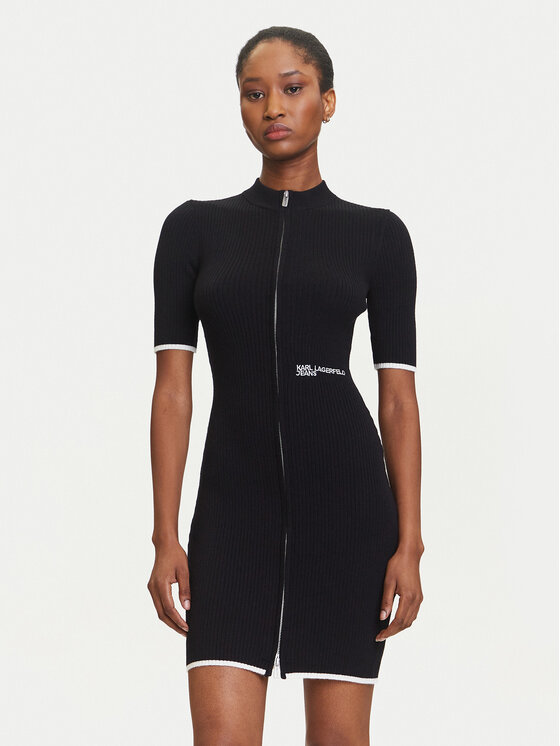 Karl Lagerfeld Jeans Плетена рокля A3W13013 Черен Slim Fit цвят на ниска цена