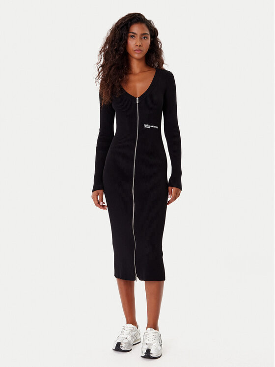 Karl Lagerfeld Jeans Плетена рокля A4W13011 Черен Slim Fit цвят на ниска цена