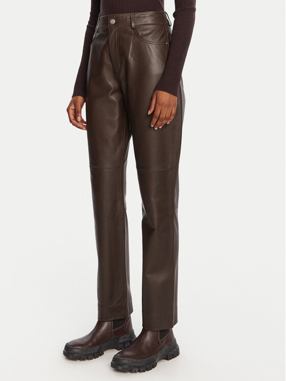 Marella Кожени панталони Doroty 2523436014 Кафяв Straight Fit цвят на ниска цена