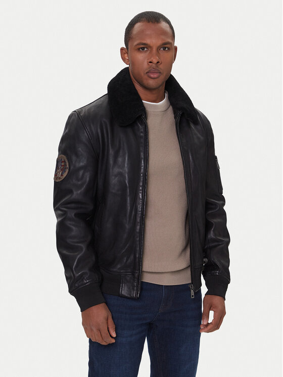 Milestone Кожено яке Tom 531041 21070 Черен Regular Fit цвят на ниска цена