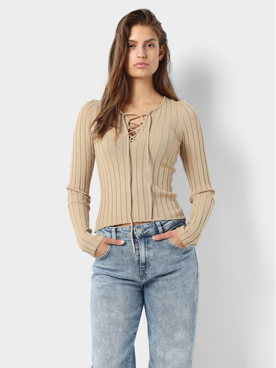 Noisy May Блуза Freya 27028880 Бежов Slim Fit цвят на ниска цена