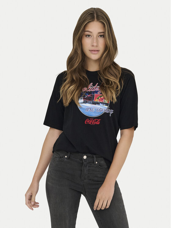 ONLY Тишърт Coca Cola 15355794 Черен Regular Fit цвят на ниска цена