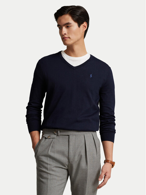 Polo Ralph Lauren Пуловер Ls Sf Vn Pp 710670789004 Тъмносин Slim Fit цвят на ниска цена