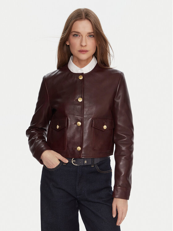 Tommy Hilfiger Кожено яке WW0WW46861 Бордо Regular Fit цвят на ниска цена