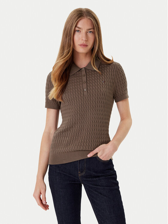 Tommy Hilfiger Пуловер Fine WW0WW41474 Кафяв Regular Fit цвят на ниска цена