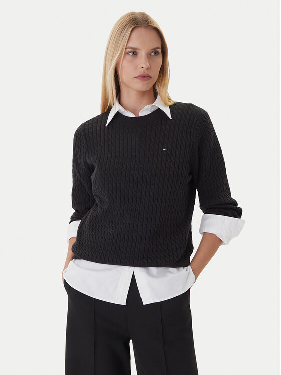 Tommy Hilfiger Пуловер Fine WW0WW44993 Черен Regular Fit цвят на ниска цена