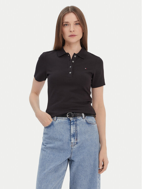 Tommy Hilfiger Тениска с яка и копчета 1985 WW0WW42047 Черен Slim Fit цвят на ниска цена