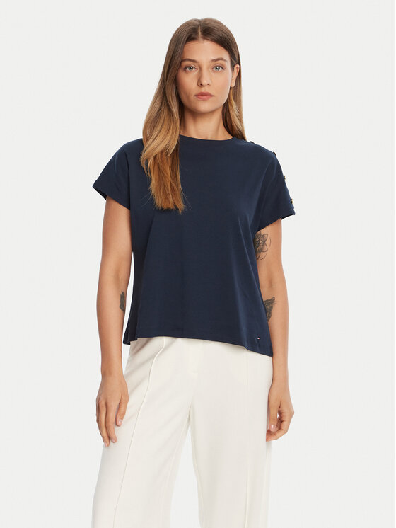 Tommy Hilfiger Тишърт Gold Button WW0WW47455 Тъмносин Regular Fit цвят на ниска цена