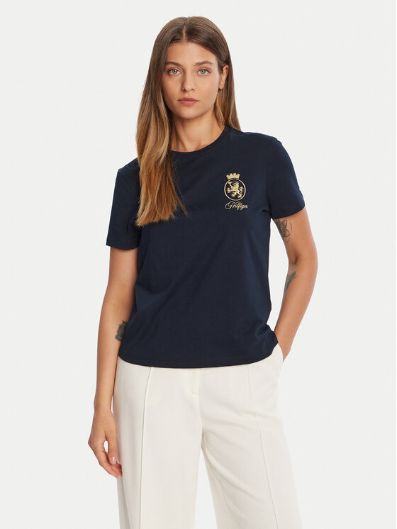 Tommy Hilfiger Тишърт Gold Crest WW0WW46153 Тъмносин Regular Fit цвят на ниска цена