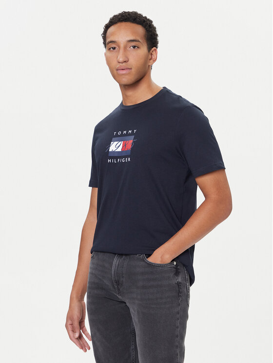 Tommy Hilfiger Тишърт Linear Flag MW0MW41338 Тъмносин Regular Fit цвят на ниска цена