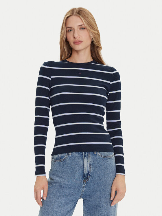 Tommy Jeans Блуза Essential DW0DW17387 Тъмносин Slim Fit цвят на ниска цена
