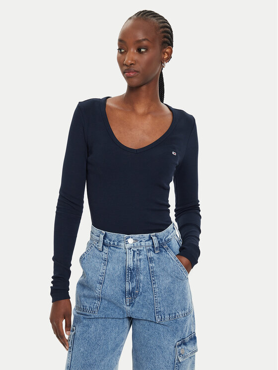 Tommy Jeans Блуза Essential DW0DW17990 Тъмносин Slim Fit цвят на ниска цена