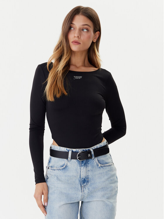 Tommy Jeans Боди Silver Script DW0DW21574 Черен Slim Fit цвят на ниска цена