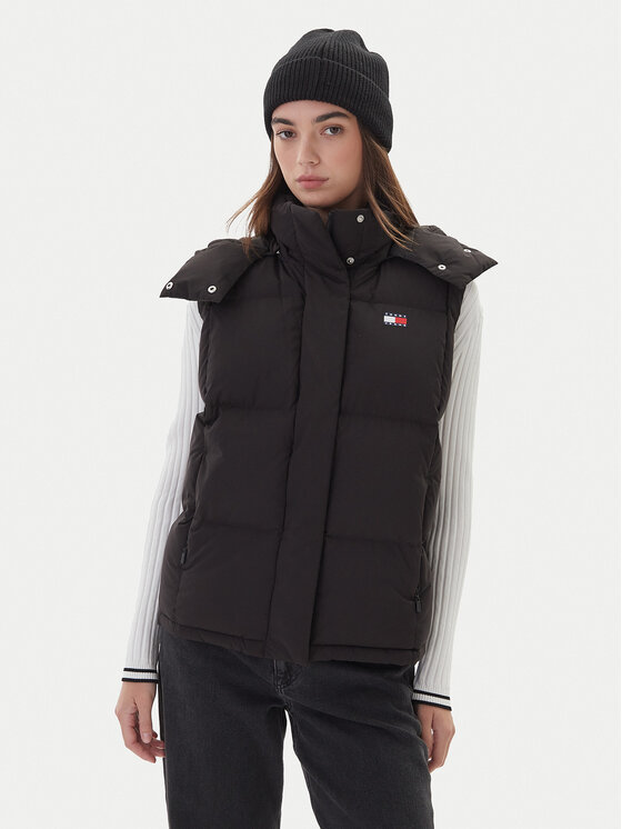 Tommy Jeans Жилетка за костюм Tjw Alaska Grid Down Vest DW0DW21627 Черен Regular Fit цвят на ниска цена