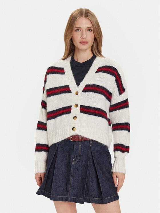 Tommy Jeans Кардиган Badge DW0DW21678 Екрю Relaxed Fit цвят на ниска цена