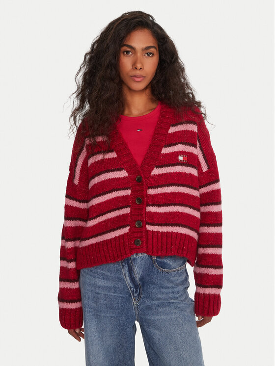 Tommy Jeans Кардиган Badge DW0DW21678 Червен Relaxed Fit цвят на ниска цена