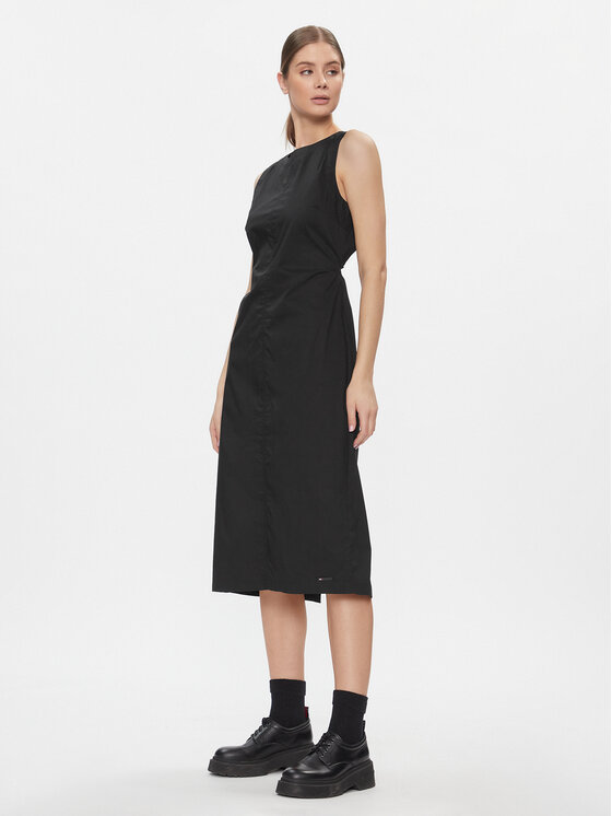Tommy Jeans Коктейлна рокля Tjw Open Back Cotton Midi Dress DW0DW17431 Черен Slim Fit цвят на ниска цена