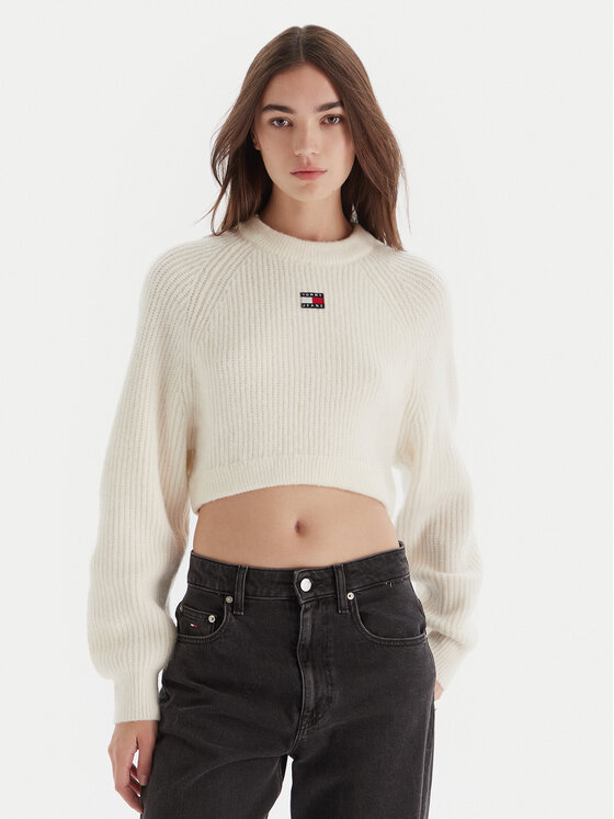 Tommy Jeans Пуловер Badge DW0DW21677 Екрю Regular Fit цвят на ниска цена