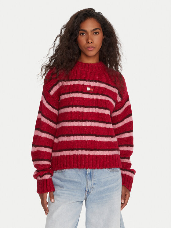 Tommy Jeans Пуловер Badge DW0DW21679 Червен Relaxed Fit цвят на ниска цена