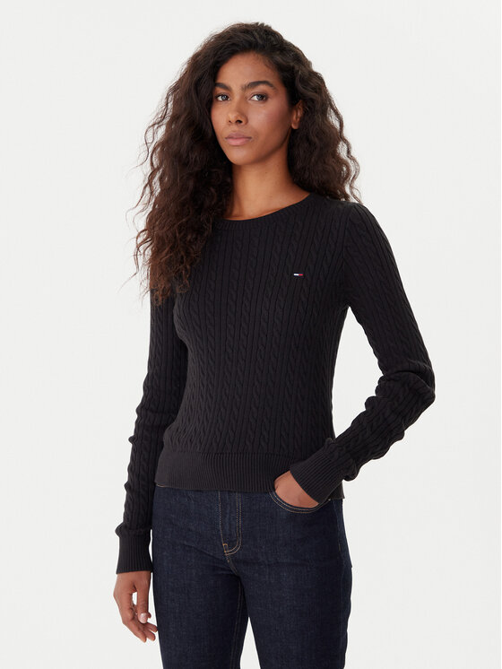 Tommy Jeans Пуловер Cable Essential DW0DW22165 Черен Regular Fit цвят на ниска цена