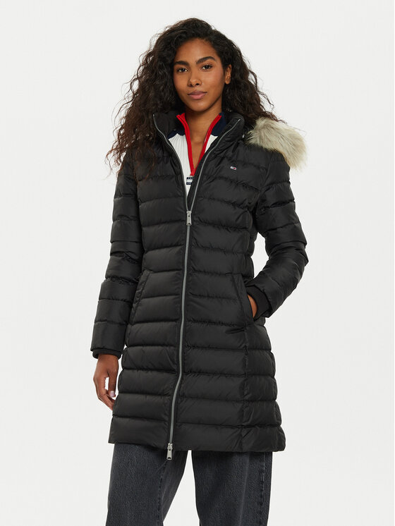 Tommy Jeans Пухено яке Essential DW0DW18864 Черен Slim Fit цвят на ниска цена