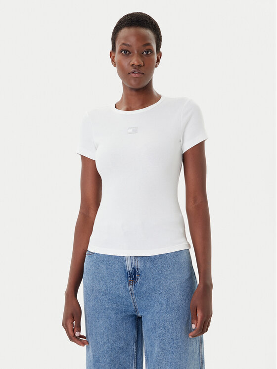 Tommy Jeans Тишърт Badge DW0DW17881 Бял Slim Fit цвят на ниска цена