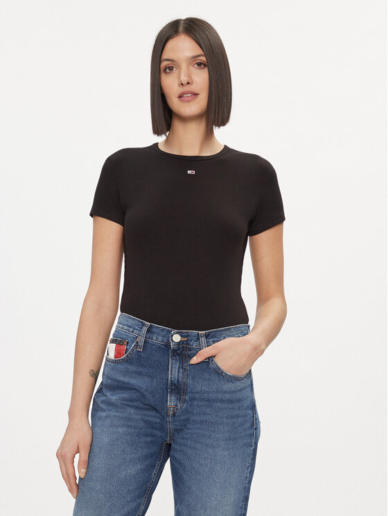 Tommy Jeans Тишърт Essential DW0DW17383 Черен Slim Fit цвят на ниска цена