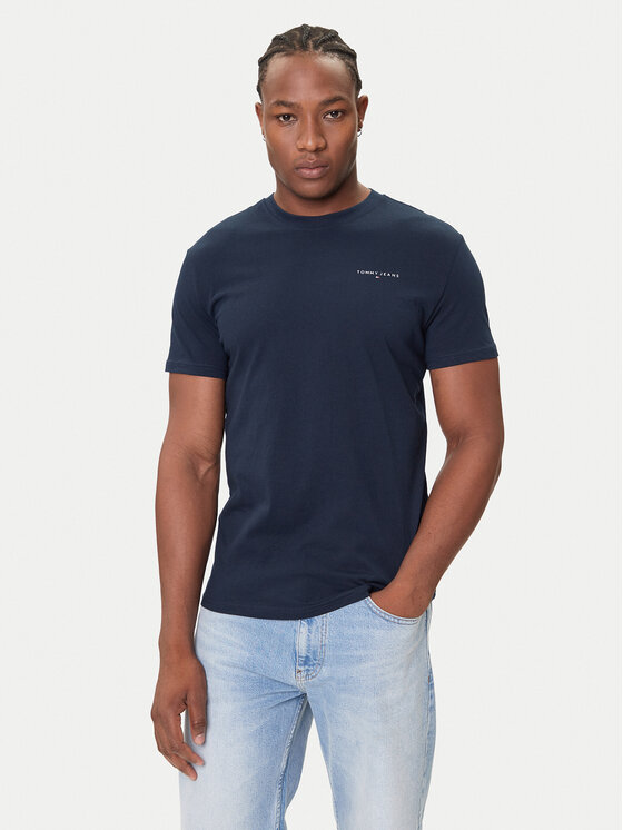 Tommy Jeans Тишърт Linear Chest DM0DM21780 Тъмносин Slim Fit цвят на ниска цена