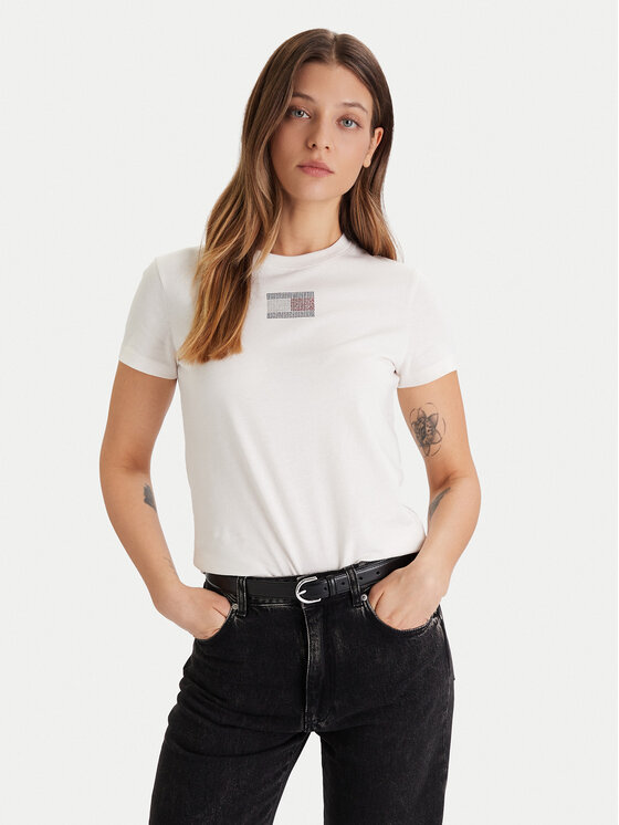 Tommy Jeans Тишърт Party Flag DW0DW21965 Екрю Regular Fit цвят на ниска цена