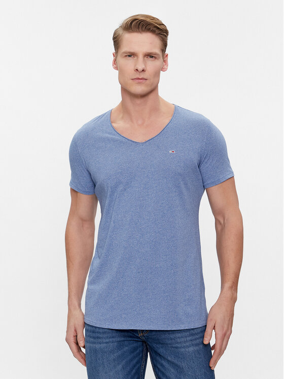 Tommy Jeans Тишърт Tjm Slim Jaspe V Neck DM0DM09587 Син Slim Fit цвят на ниска цена