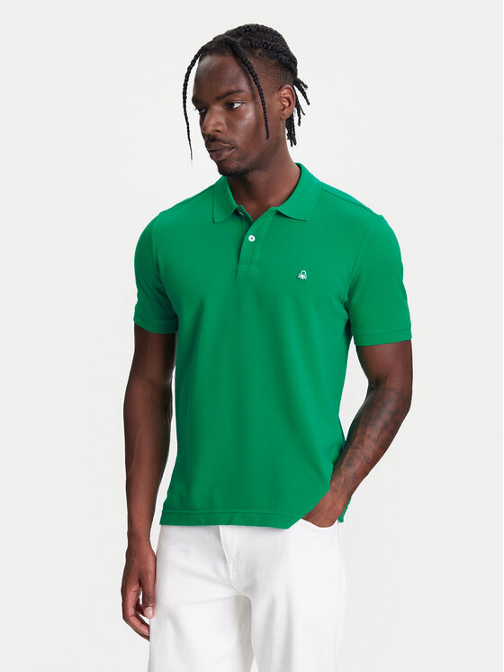 United Colors Of Benetton Тениска с яка и копчета 3089J3179 Зелен Regular Fit цвят на ниска цена