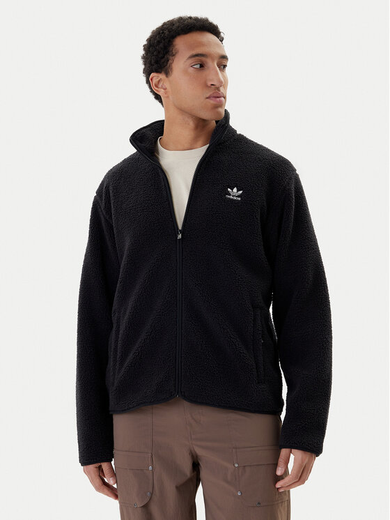 adidas Полар Trefoil Essentials Teddy JV7676 Черен Loose Fit цвят на ниска цена