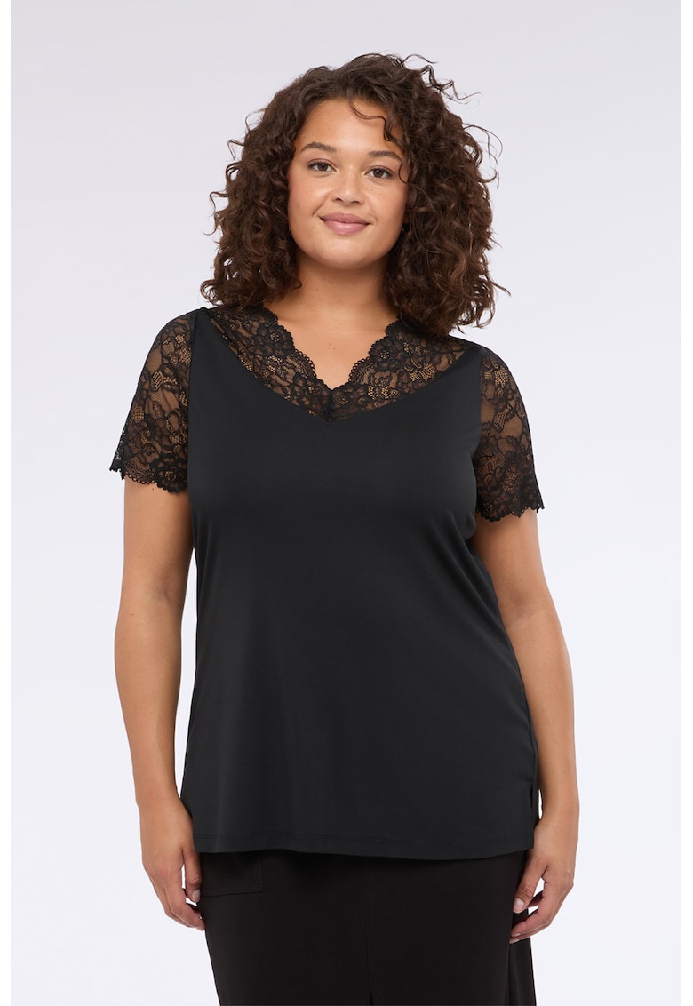 Блуза с модал - къси ръкави и флорална дантела Fiorella Rubino